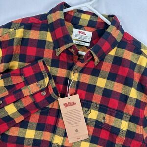 Fjallraven Ovik Skog Flannel Shirt Mens XL‎ Red Yellow Plaid Check Button Up NWT